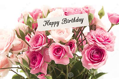 Happy Birthday Card with Bouquet of Pink Roses Stock Photo - Image of ...