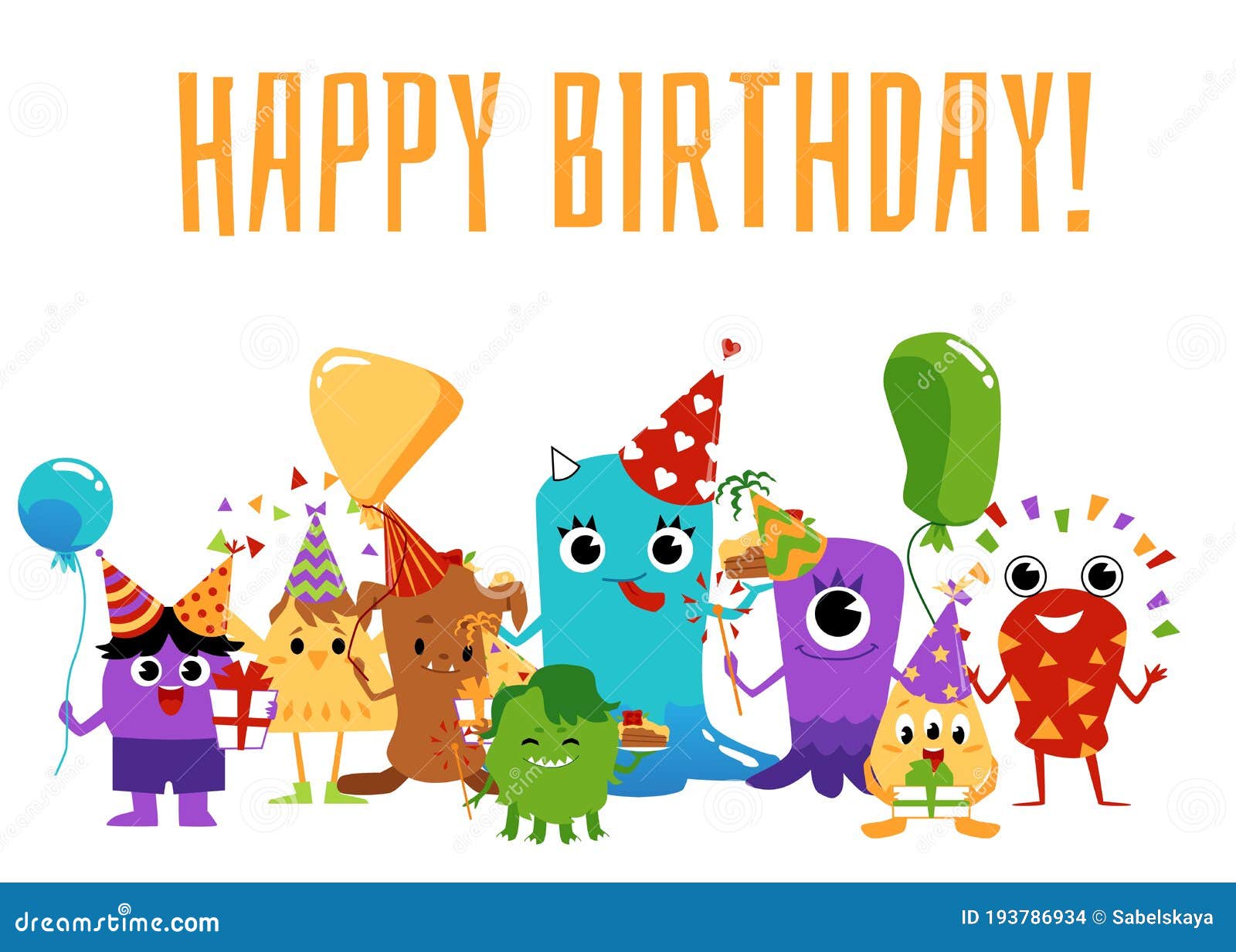 Happy Birthday Card with Colorful Cute Monster Babies with Balloons and ...