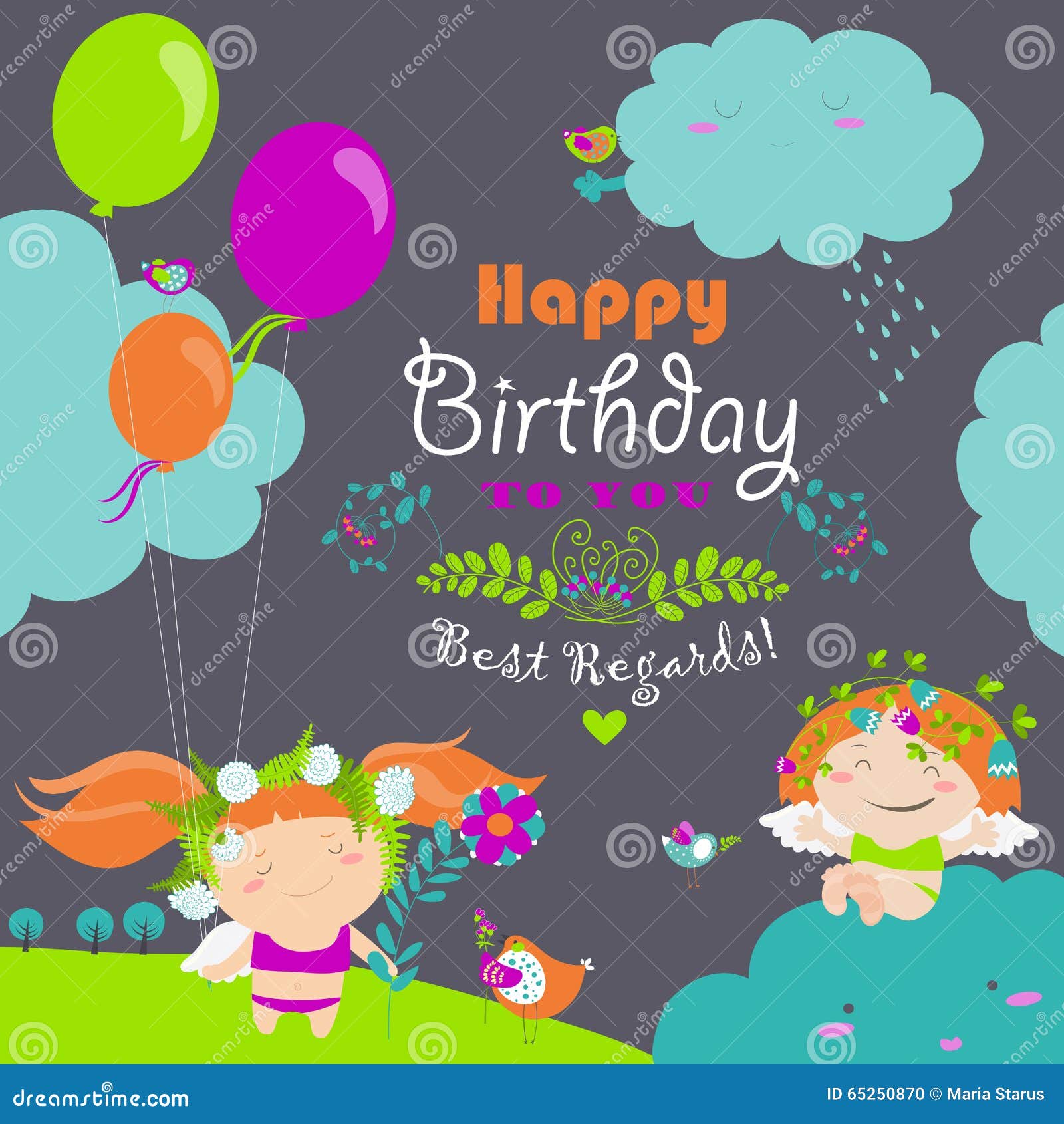 Happy Birthday Card with Cute Angels Stock Vector - Illustration of  background, birth: 65250870, image size:1600x1690