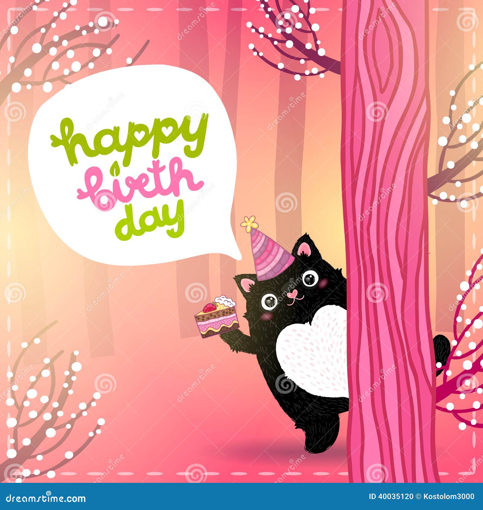 Happy Birthday Card With A Cute Fat Cat Stock Vector Illustration Of