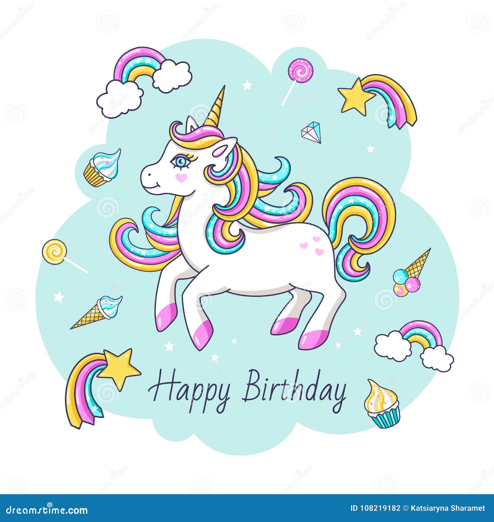 Happy Birthday Card With Cute Unicorn. Stock Vector - Illustration of ...