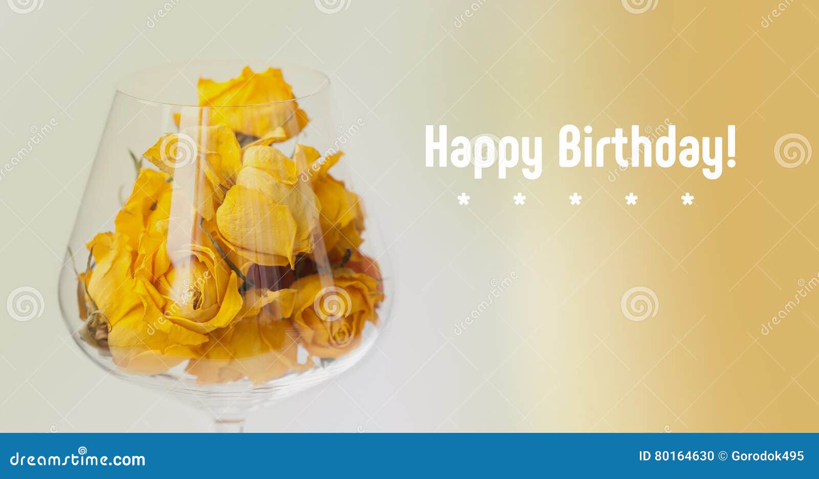 Happy Birthday Card. Dried Rose Flowers in Wine Glass, Beige Gradient