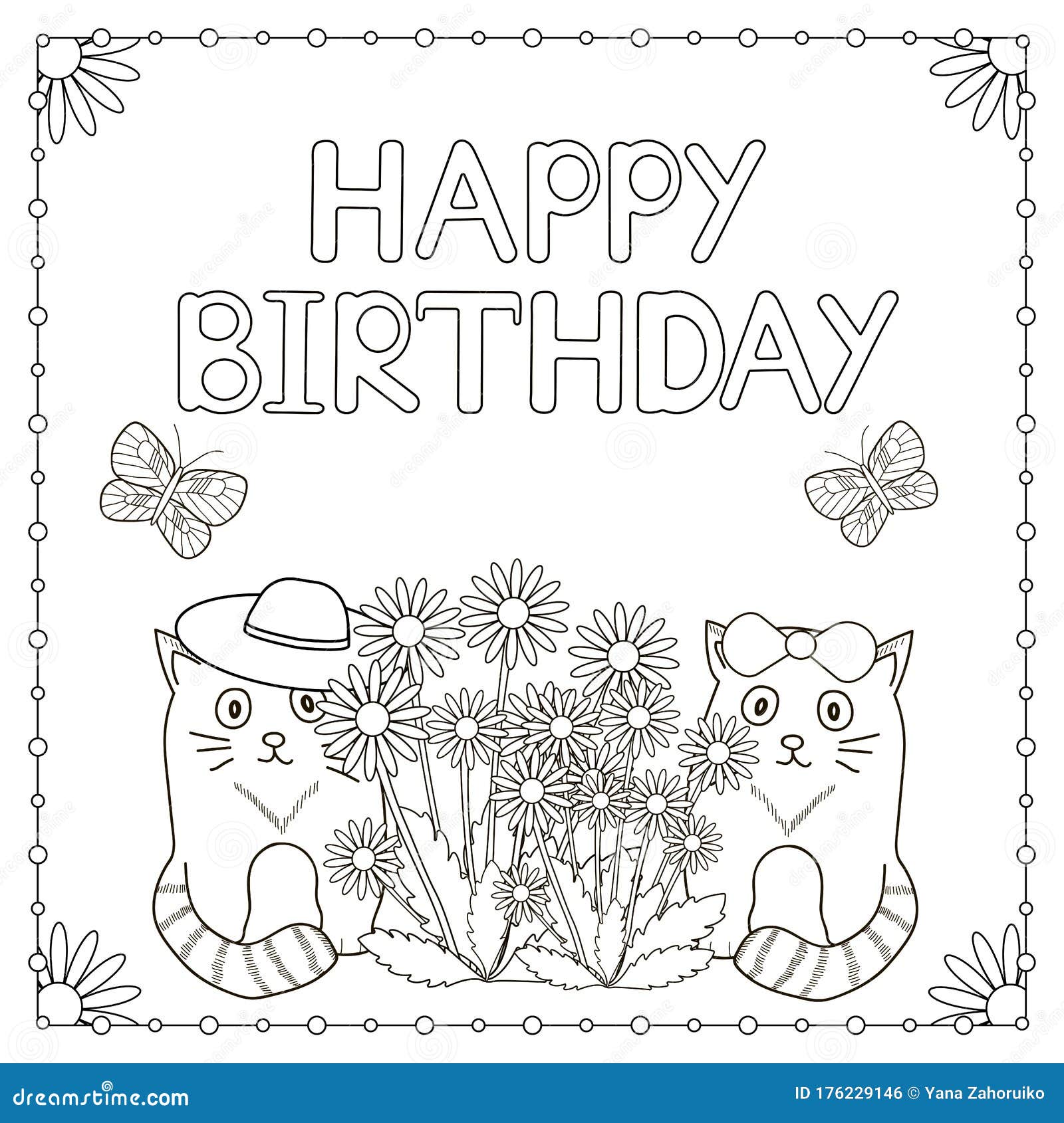 Happy Birthday Card with Flowers, Cats and Butterflies. Coloring ...