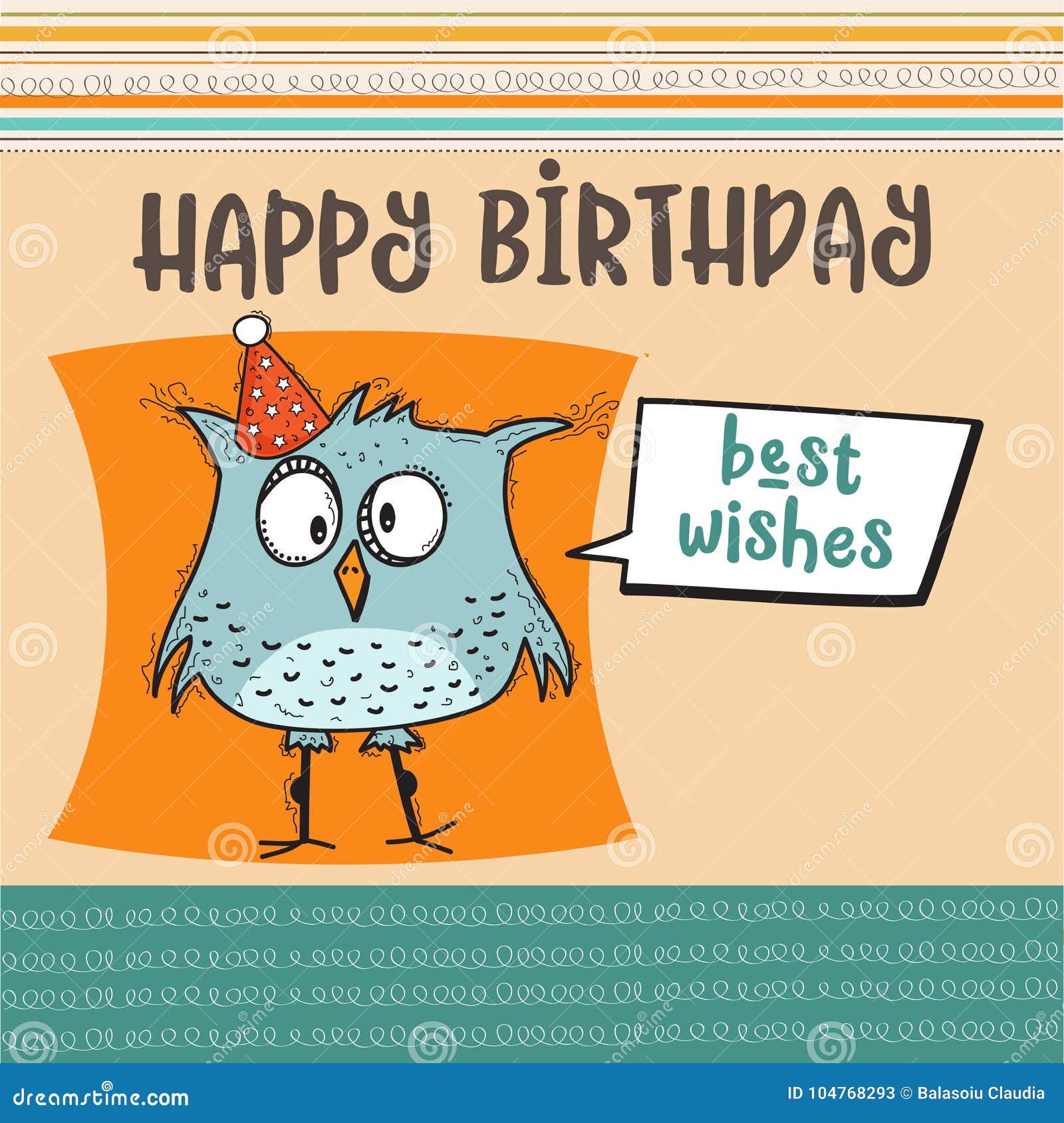 Happy Birthday Card with Funny Doodle Bird Stock Vector - Illustration ...