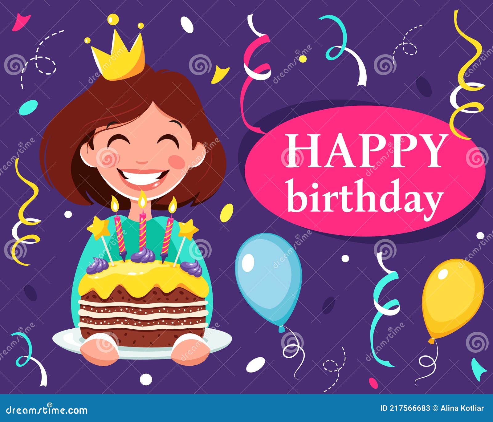 Happy Birthday Card. Girl with Birthday Cake. Vector Illustration Stock ...