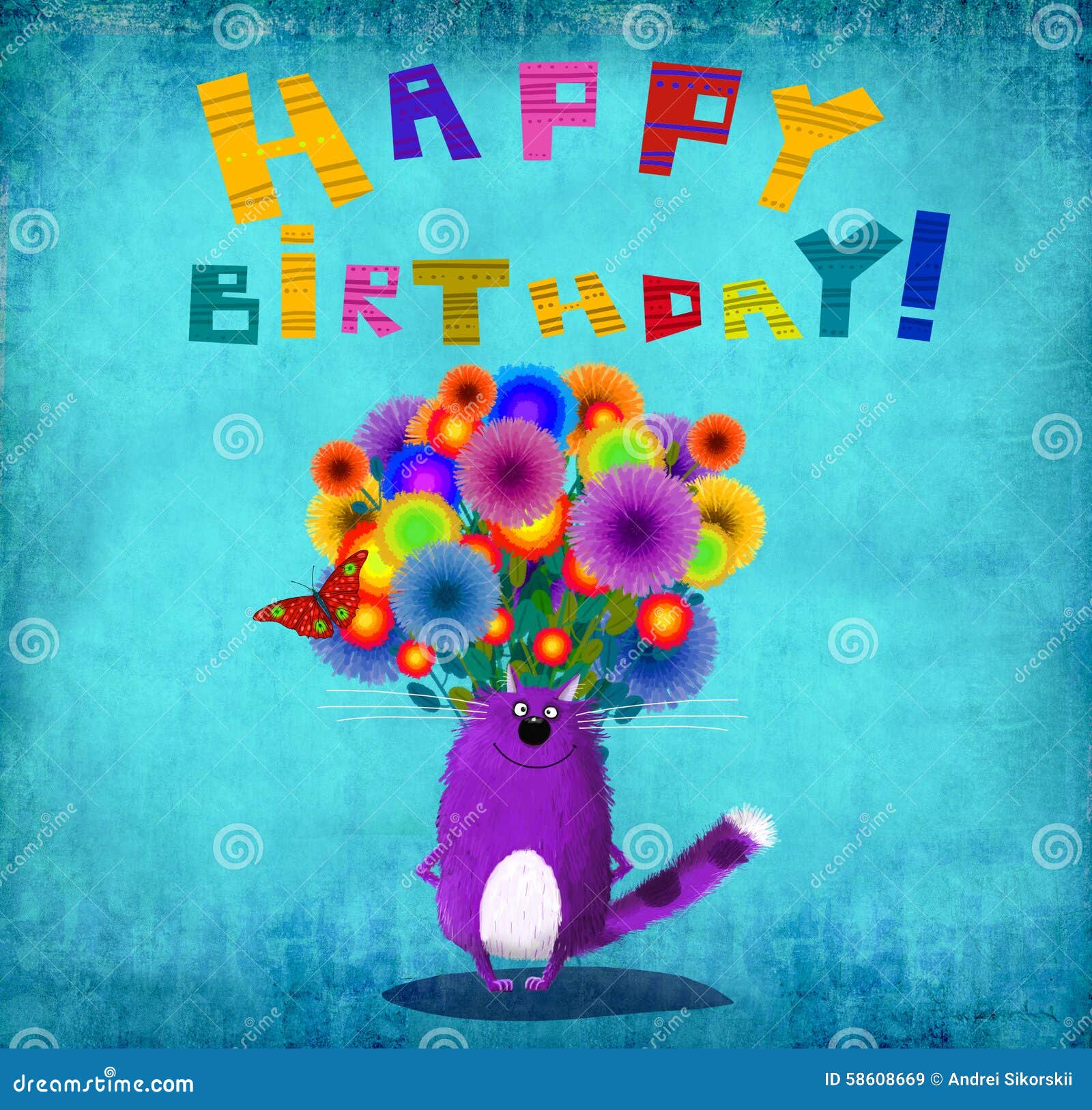 Happy Birthday Card Violet Cat with Flowers Stock Illustration ...