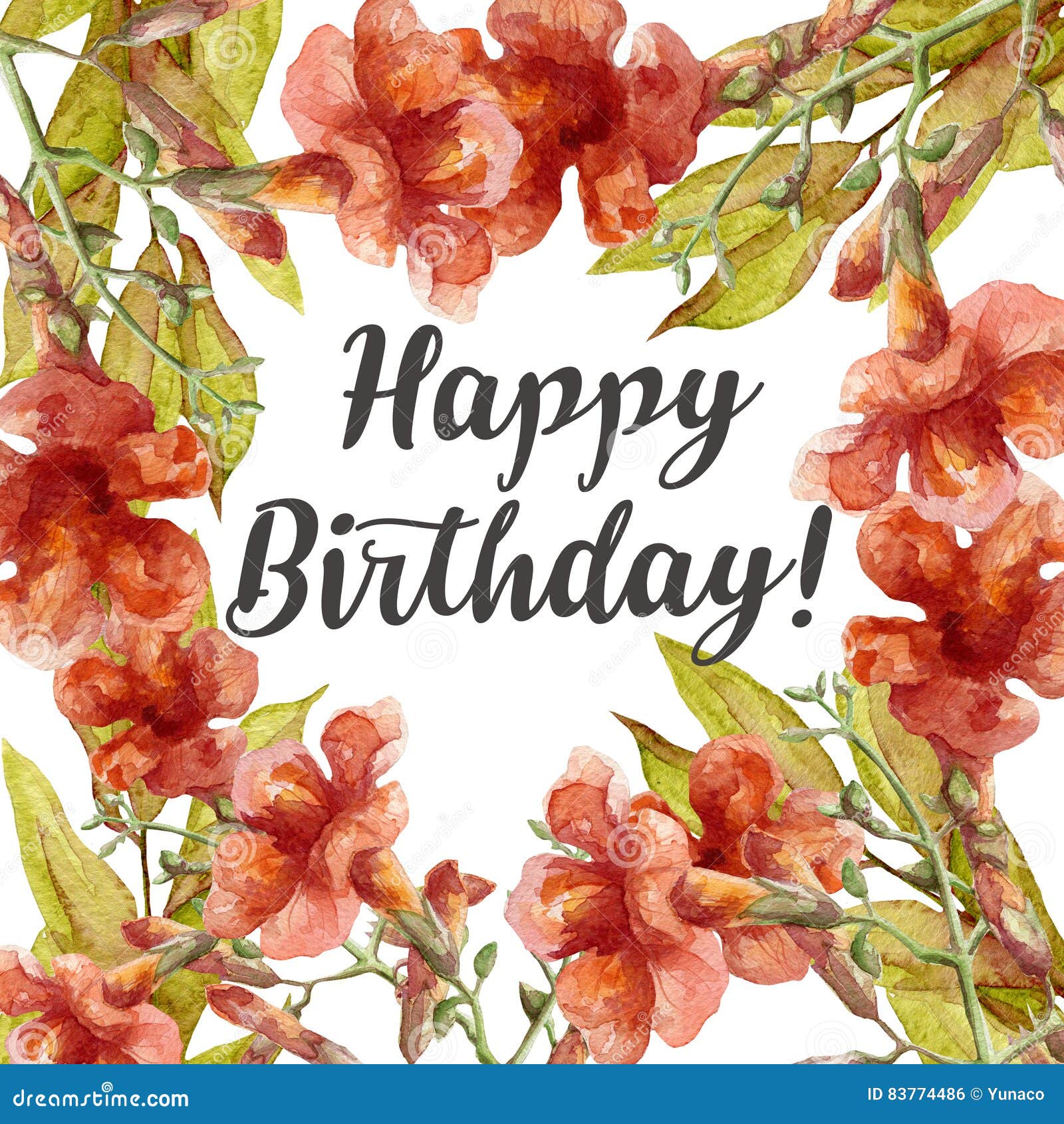 Happy Birthday Card with Watercolor Flowers Stock Illustration ...