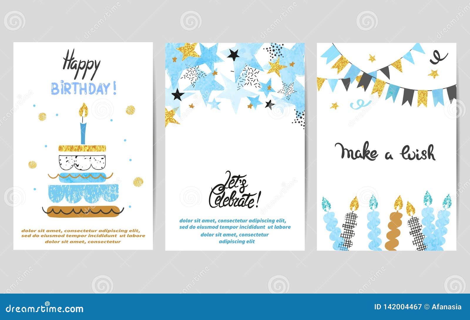 Happy Birthday Cards Set in Blue and Golden Colors. Celebration Intended For Celebrate It Templates Place Cards
