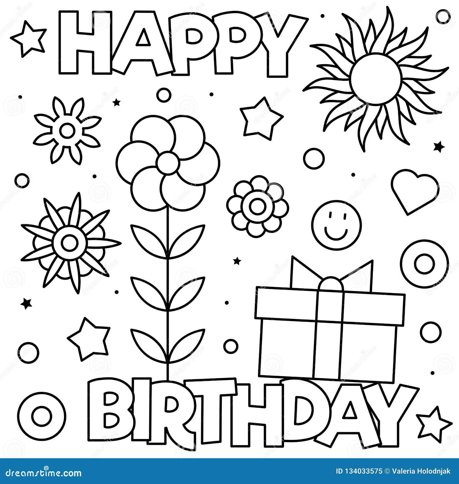Happy Birthday. Coloring Page. Black and White Vector Illustration ...