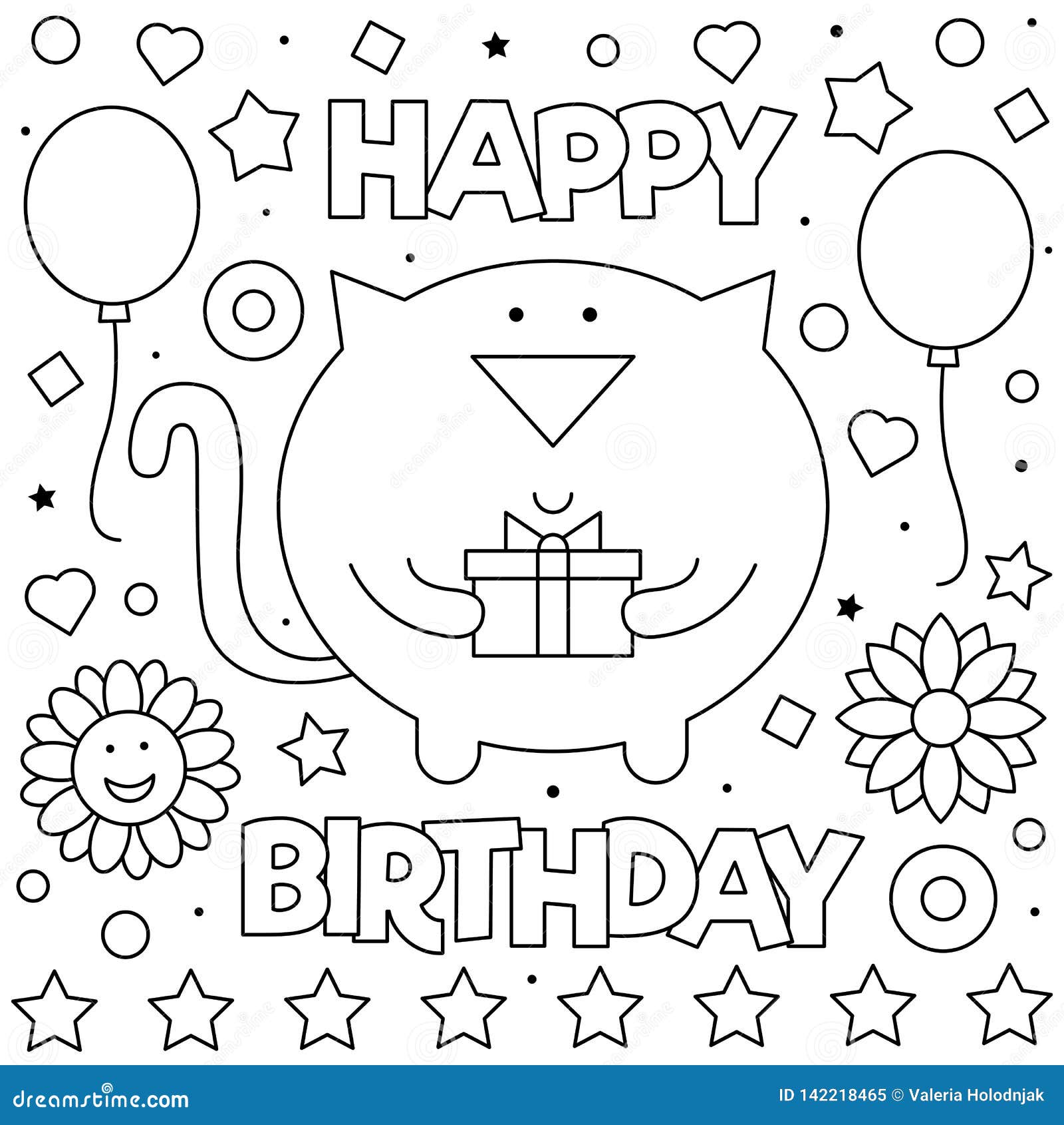 Happy Birthday Coloring Page Vector Illustration Of Cat