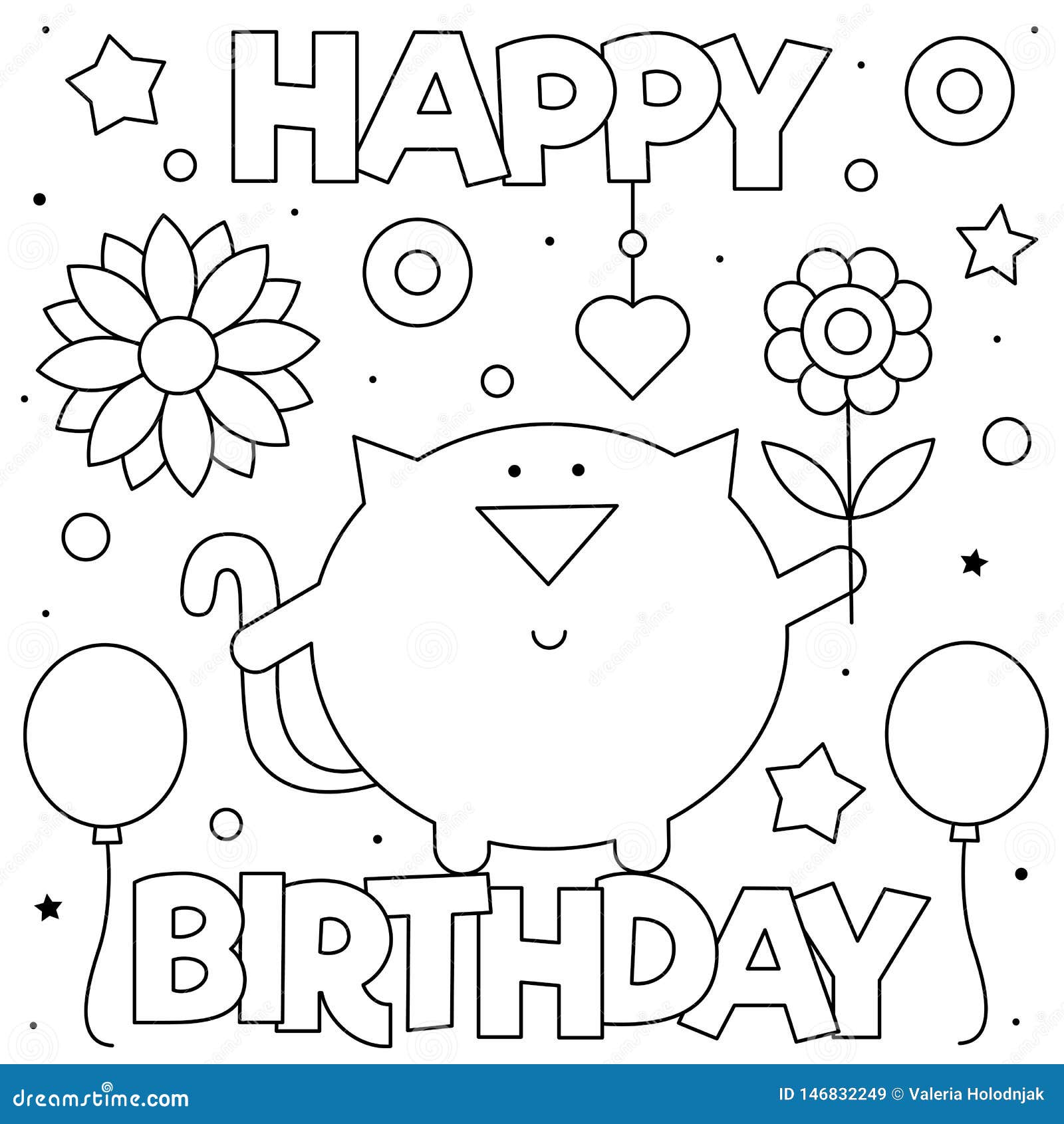 Happy Birthday Coloring Page Vector Illustration Of Cat