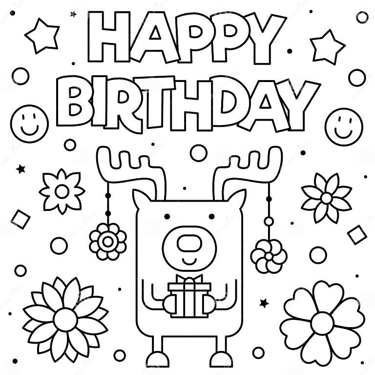 Happy Birthday. Coloring Page. Vector Illustration of Deer. Stock ...