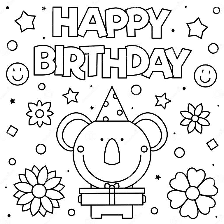 Happy Birthday. Coloring Page. Vector Illustration of Deer. Stock