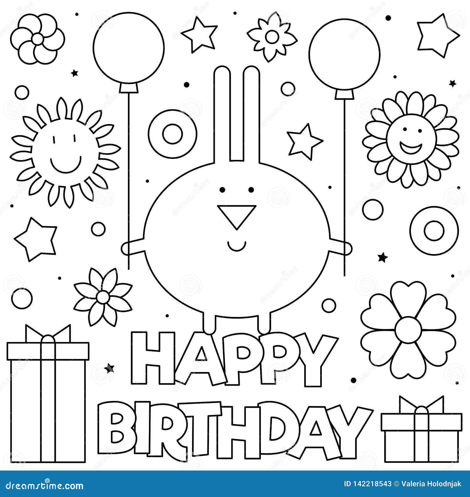 Happy Birthday. Coloring Page. Vector Illustration of Rabbit. Stock