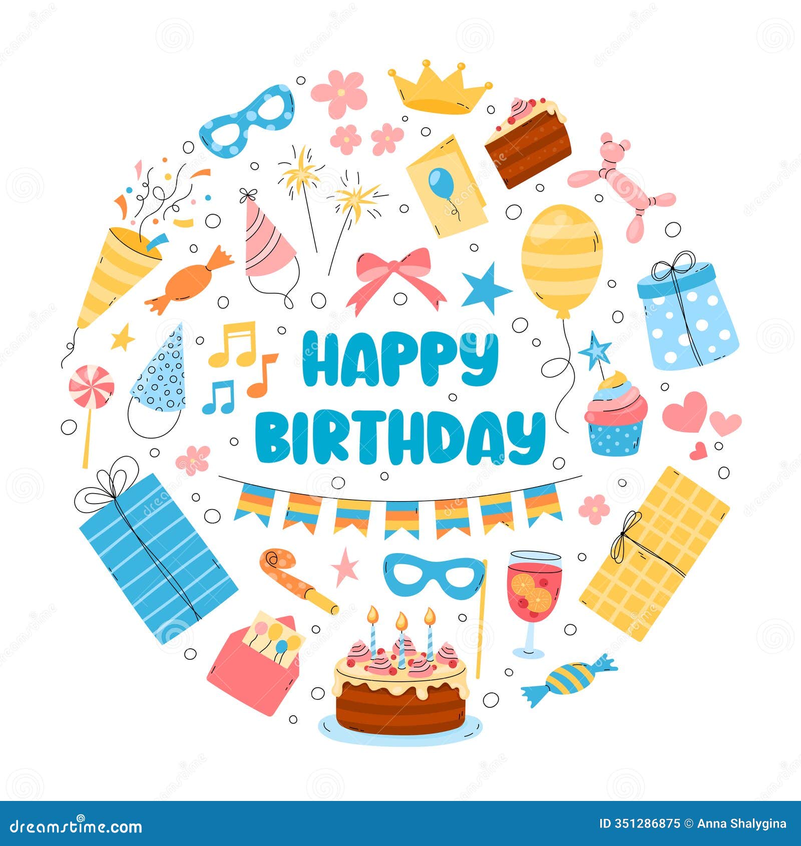 happy birthday cute  set, greeting card with text. round . fun bday party objects, flat colorful s. birthday