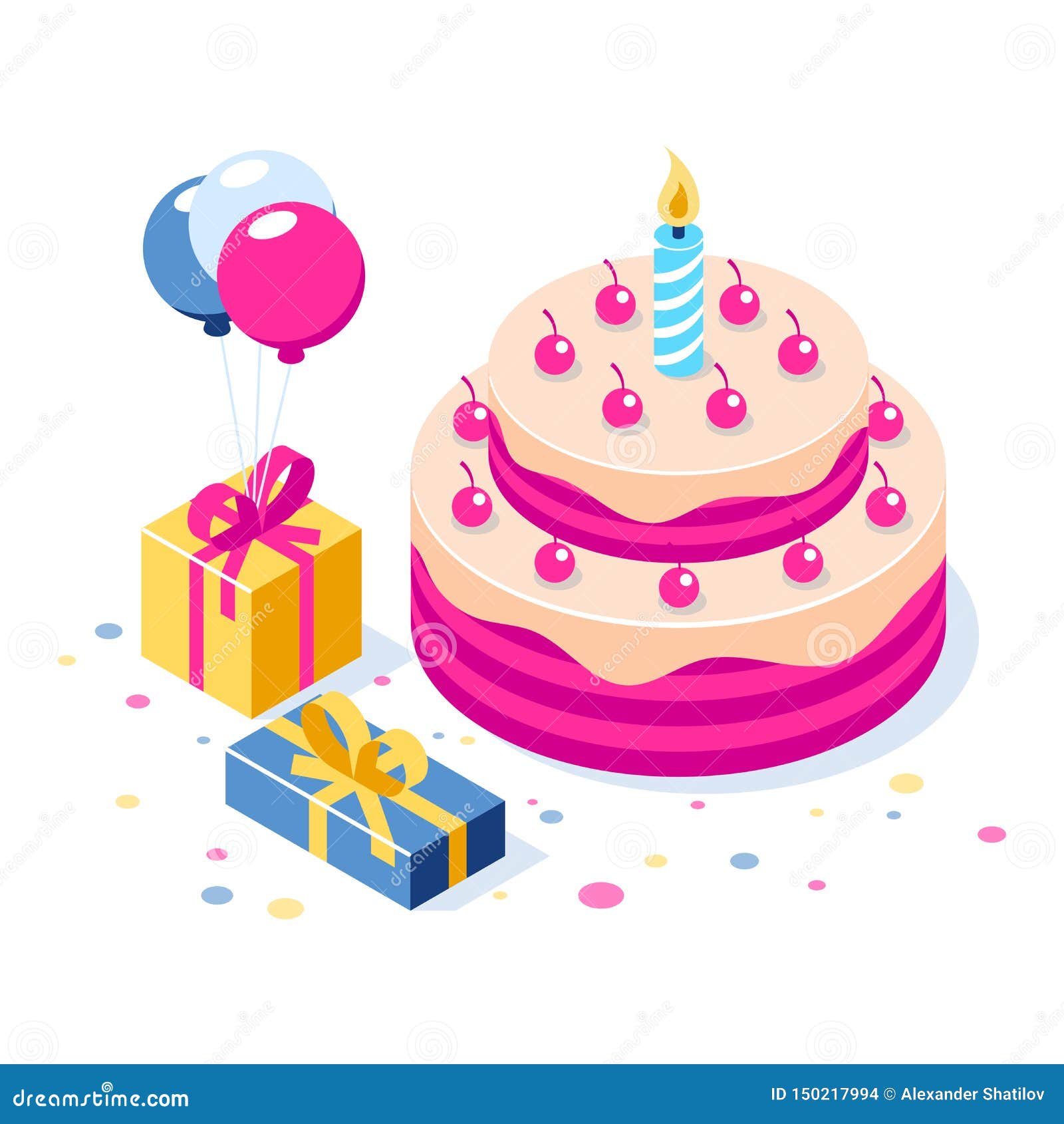 Download Happy Birthday 3d Vector Concept. Cake With A Candle. Box With Gifts And Balloons. Can Use For ...
