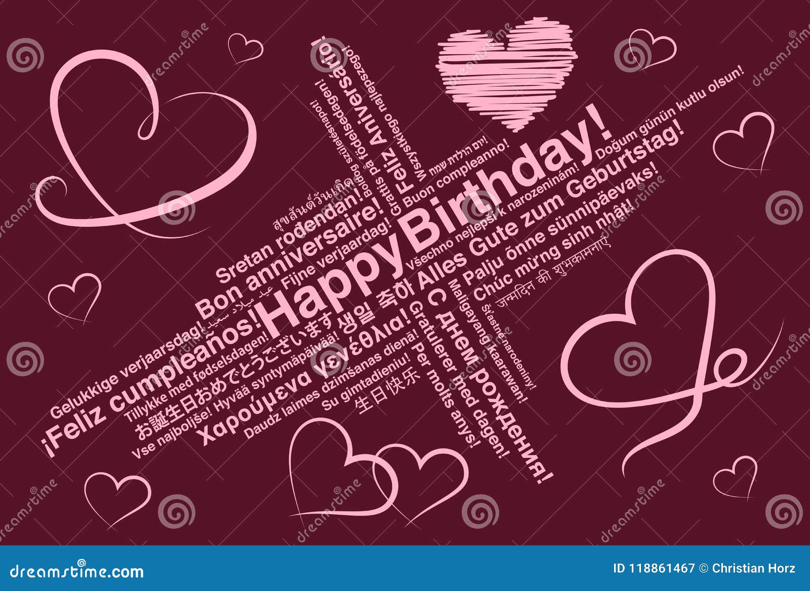 Happy Birthday In Different Languages Wordcloud Greeting Card With Heart Shapes Stock Vector Illustration Of Gift Happiness