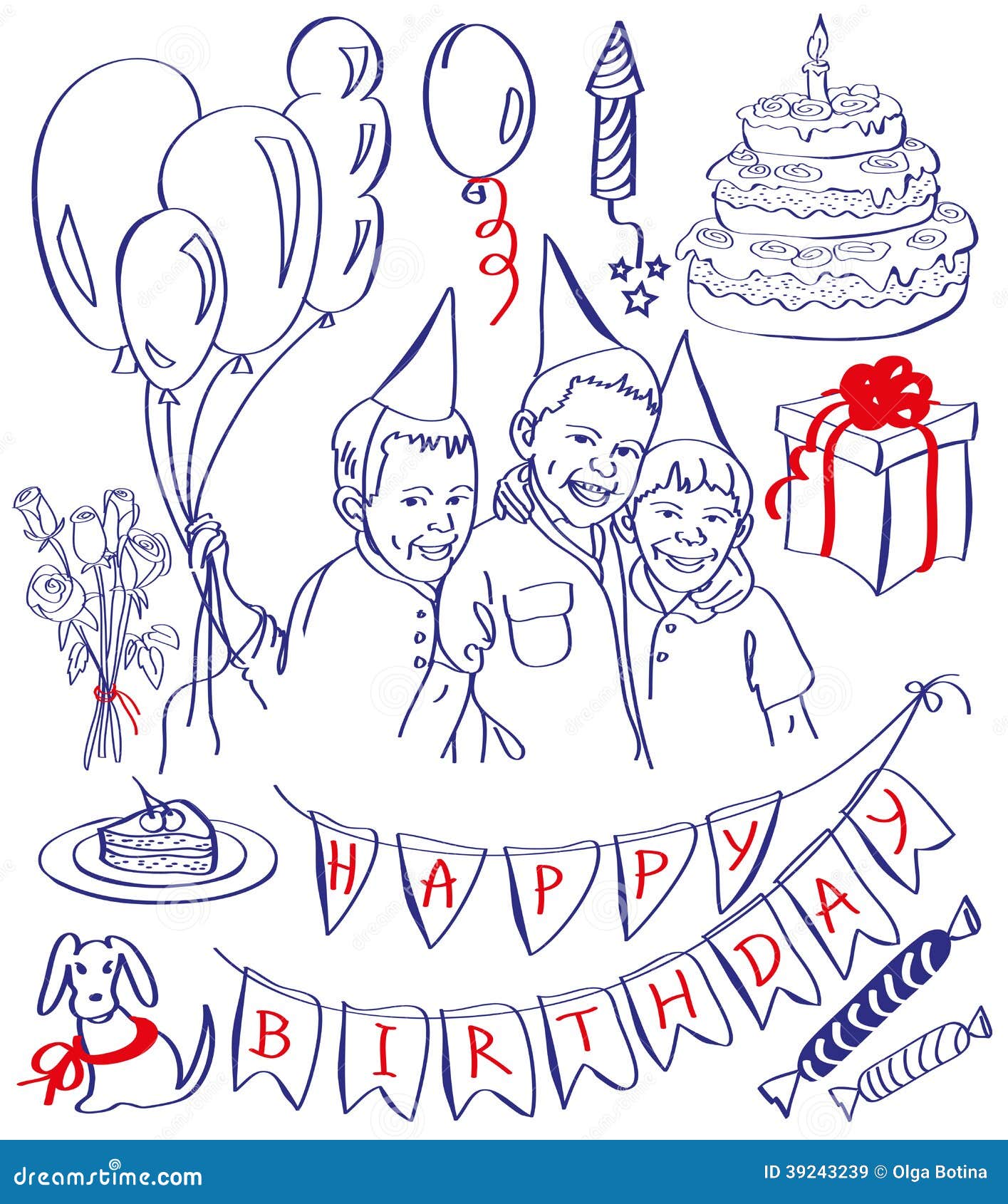 Happy birthday. Drawing on the tablet. Image of various attributes birthday. Boys with balls laugh.