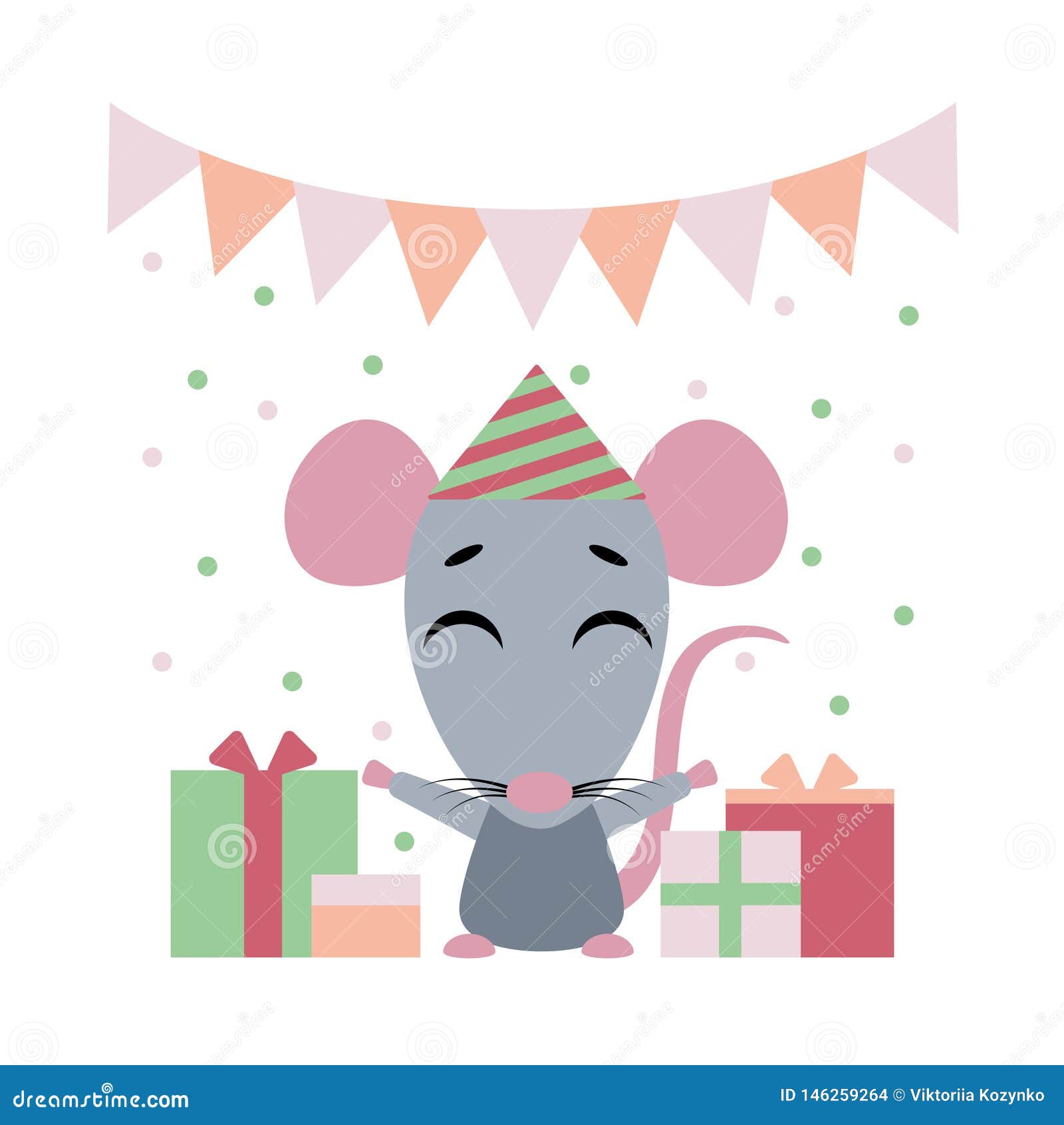Download Vector Color Illustration Of Nice Rat Cartoon With Gift Boxs On White Background. Flat Style ...