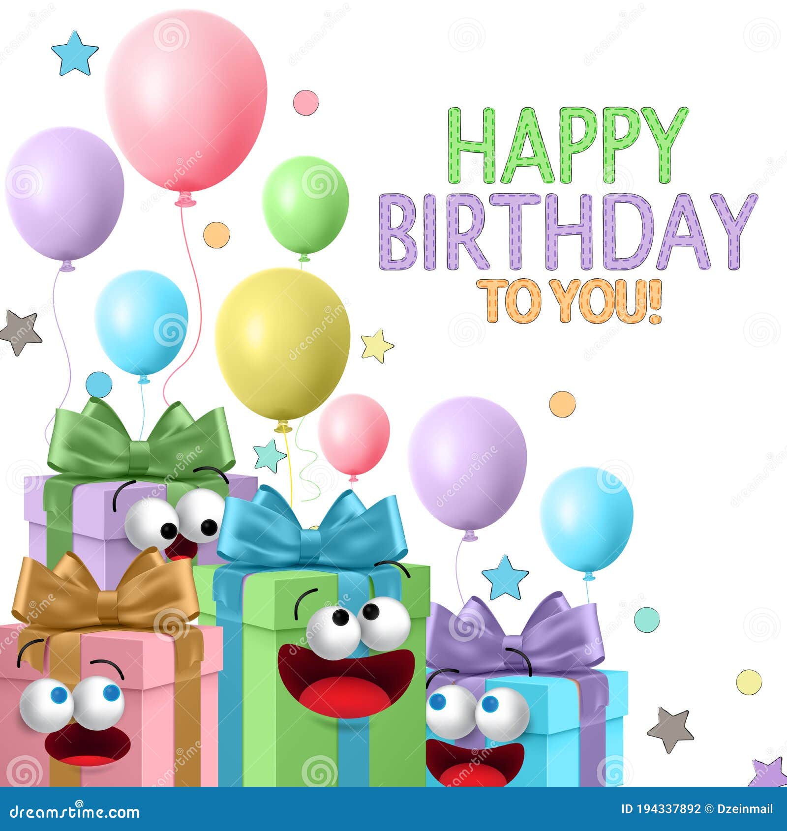 Happy Birthday Gift Cartoons Vector Template Design. Birthday Greeting Text  with Cute Gift Cartoon Stock Vector - Illustration of birthday, color:  194337892