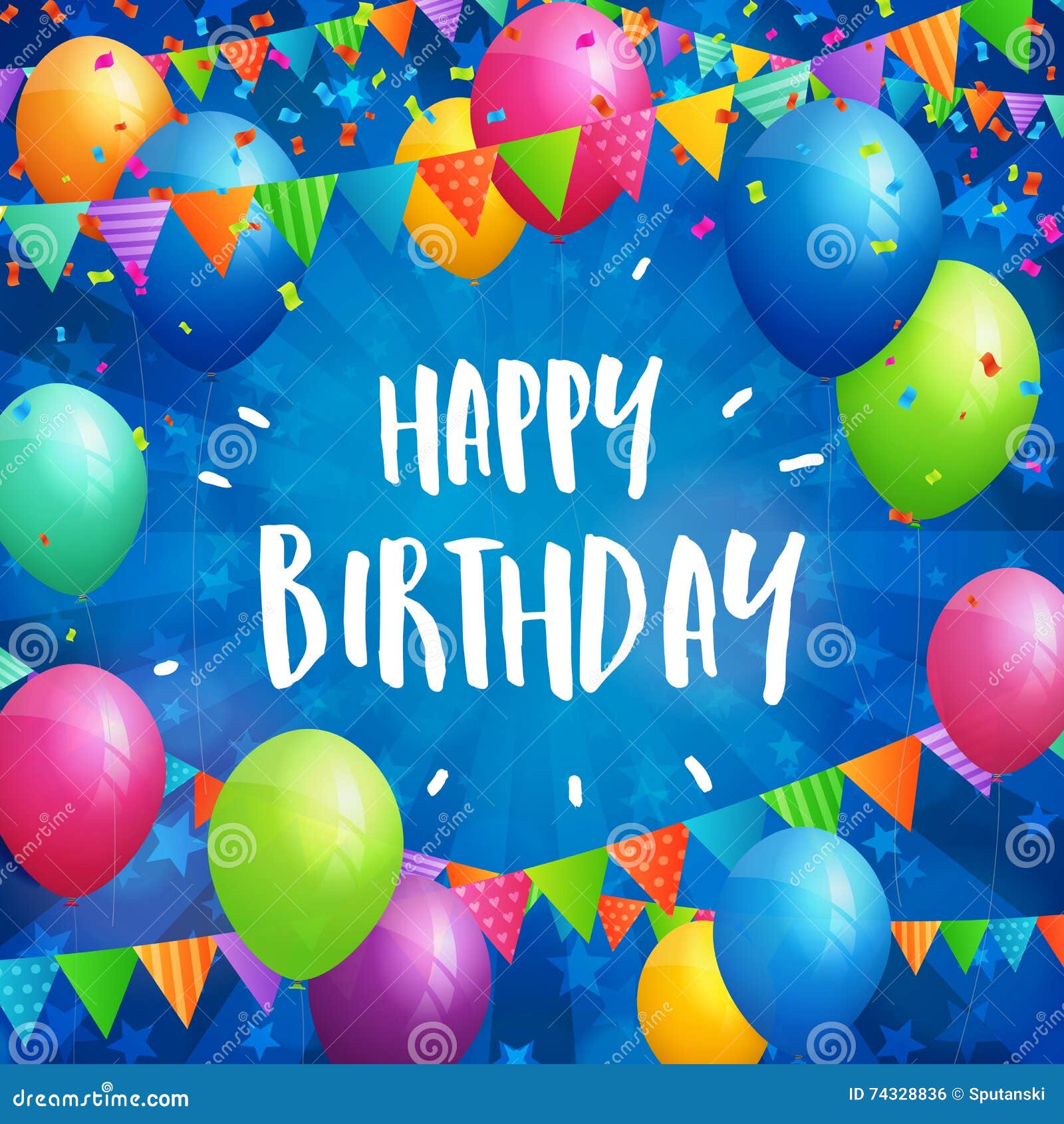 Happy Birthday Greeting Card with Balloons, Flags and Confetti Stock ...