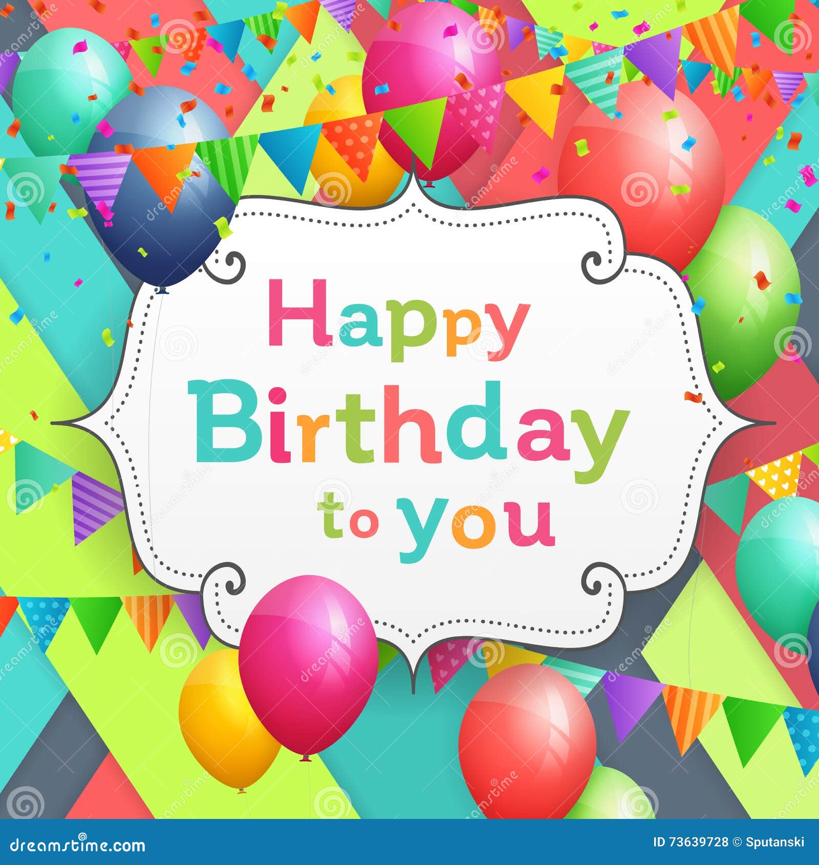 Happy Birthday Greeting Card with Balloons, Flags and Confetti Stock ...