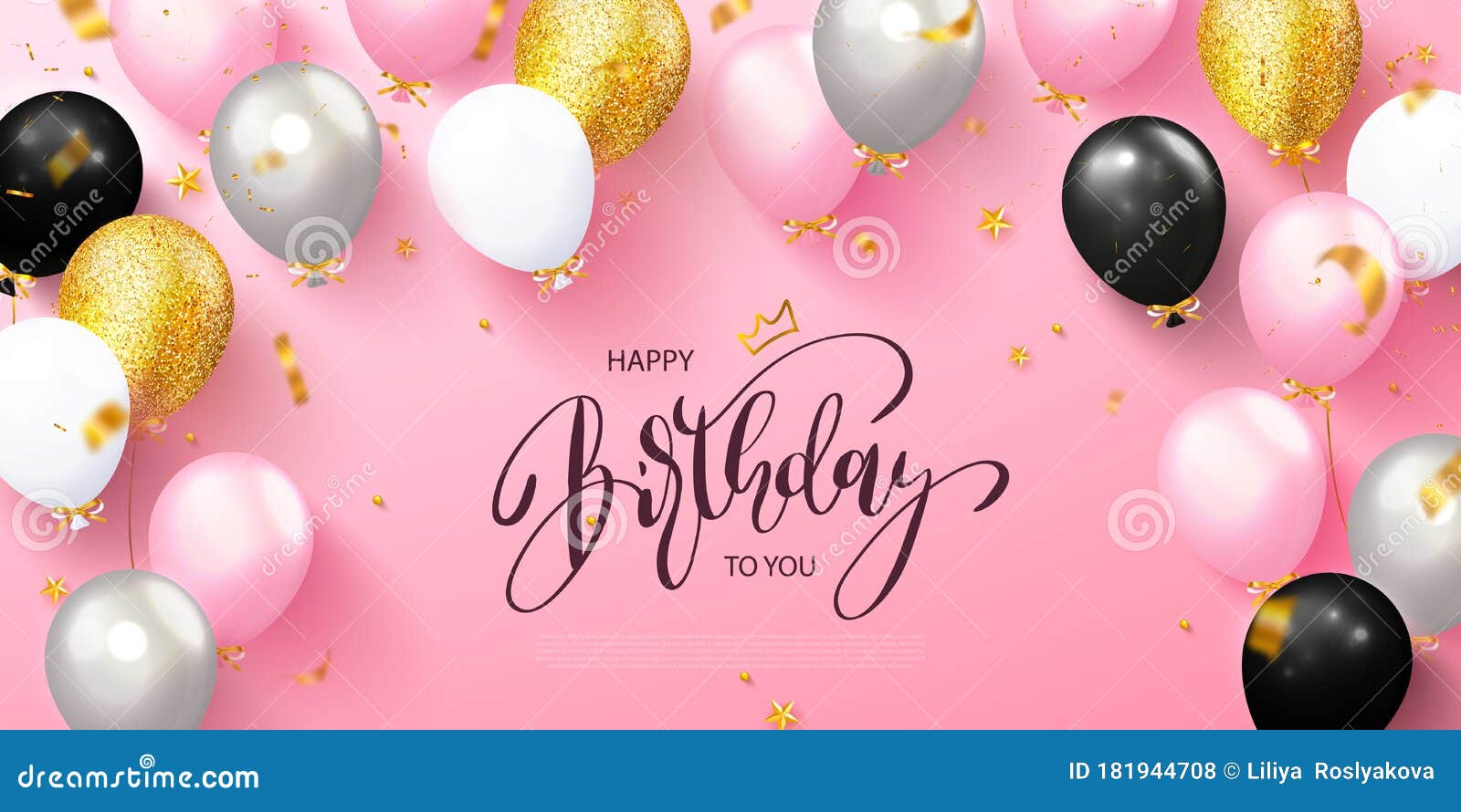 Happy Birthday Greeting Card with Colorful Balloons and Flying Serpentine  on Pink  Template for Birthday Stock Illustration -  Illustration of banner, card: 181944708