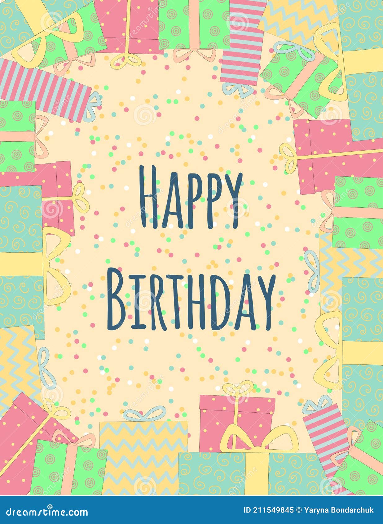 Happy Birthday Greeting Card. Colorful Illustration with Presents Stock ...