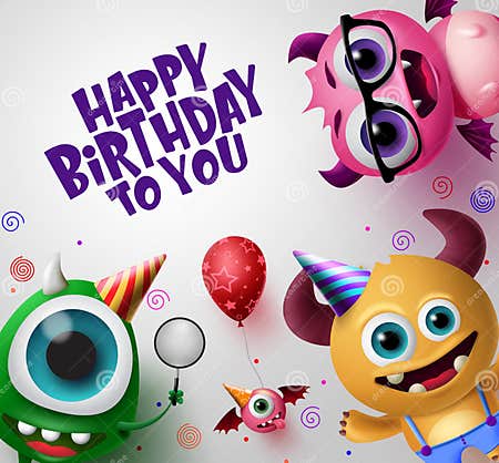 Happy Birthday Greeting Card with Cute Little Monsters Creature Vector ...