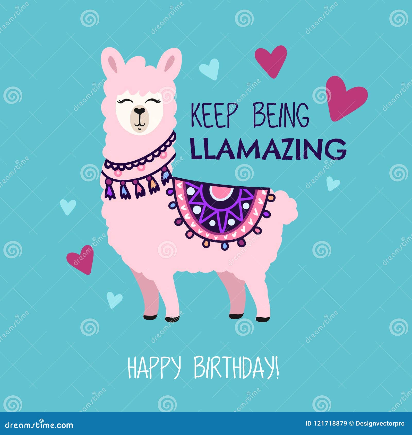 happy birthday greeting card with cute llama and doodles. keep b