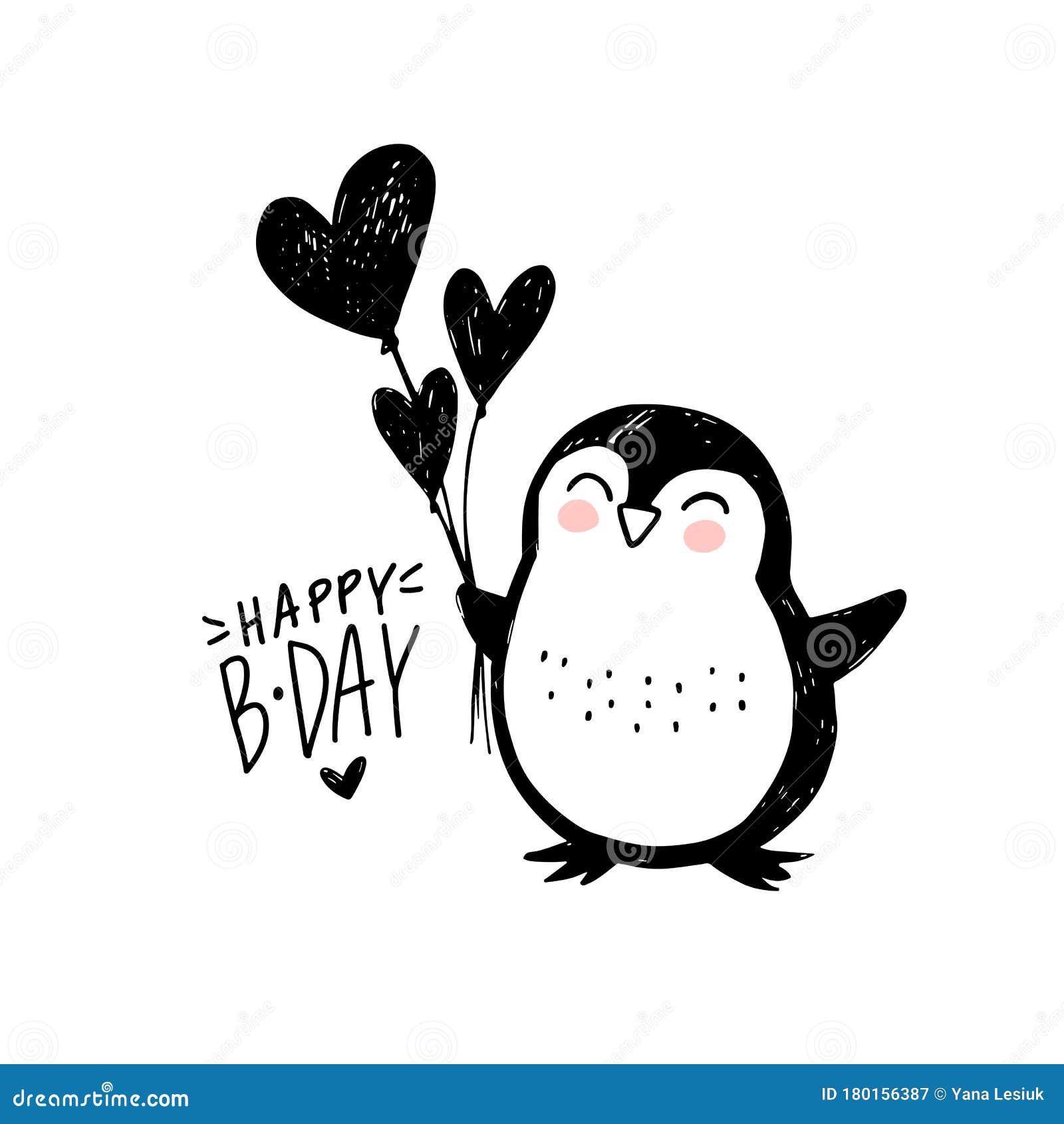 Happy Birthday Greeting Card with Cute Penguin, Ballons and Hand Draw Lettering Inscription. Doodle Cute Animal Stock Vector - Illustration of lettering, holiday: 180156387