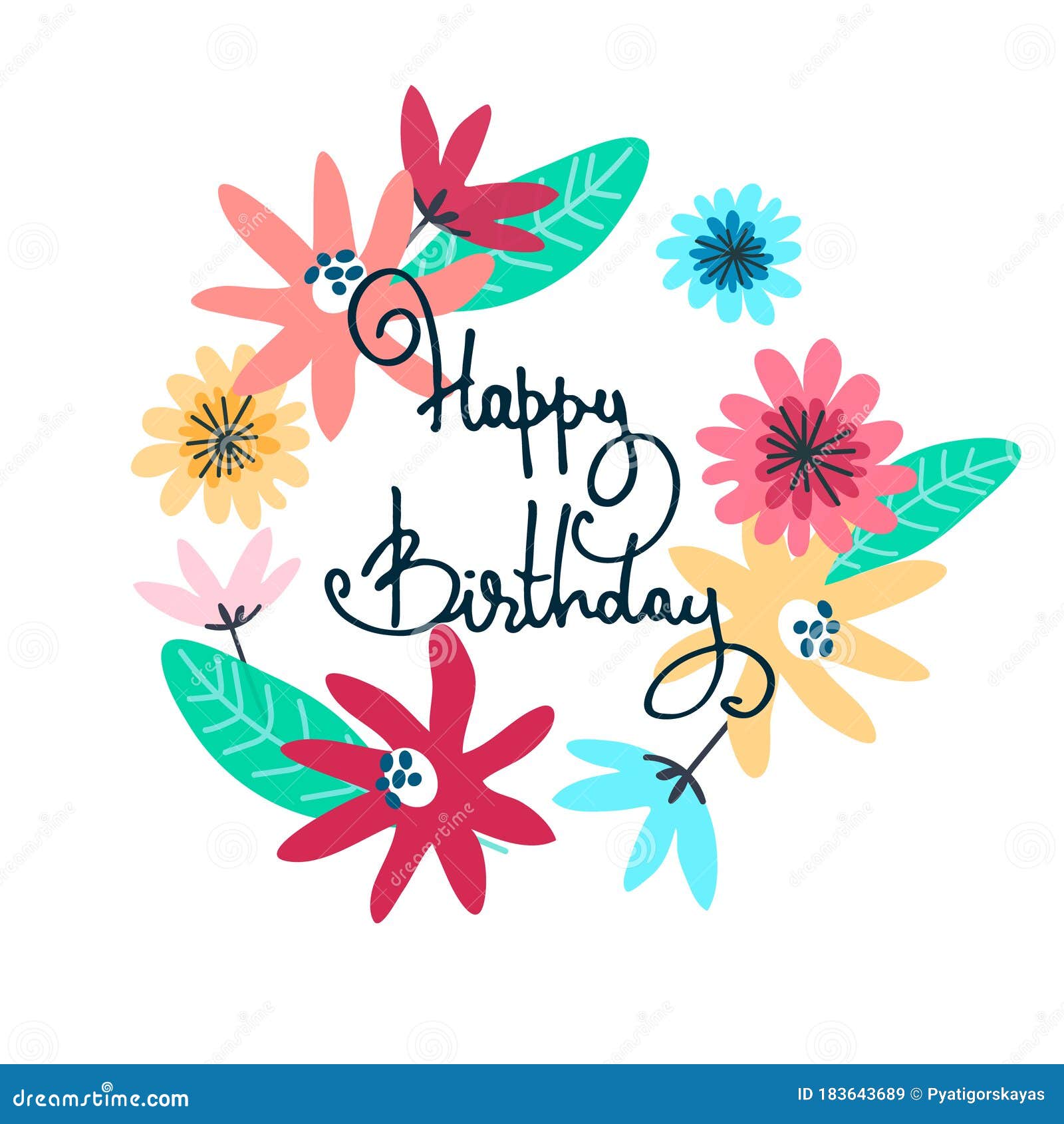 Happy Birthday Greeting Card Design with Floral Decoration and Hand ...