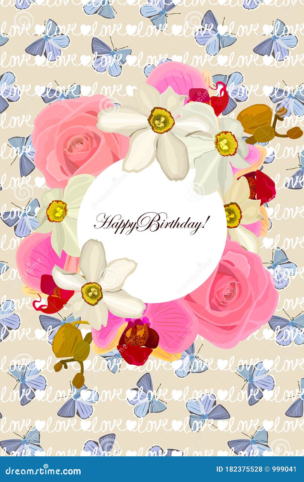 Happy Birthday! Greeting Card with a Frame of Flowers Roses, Orchids ...