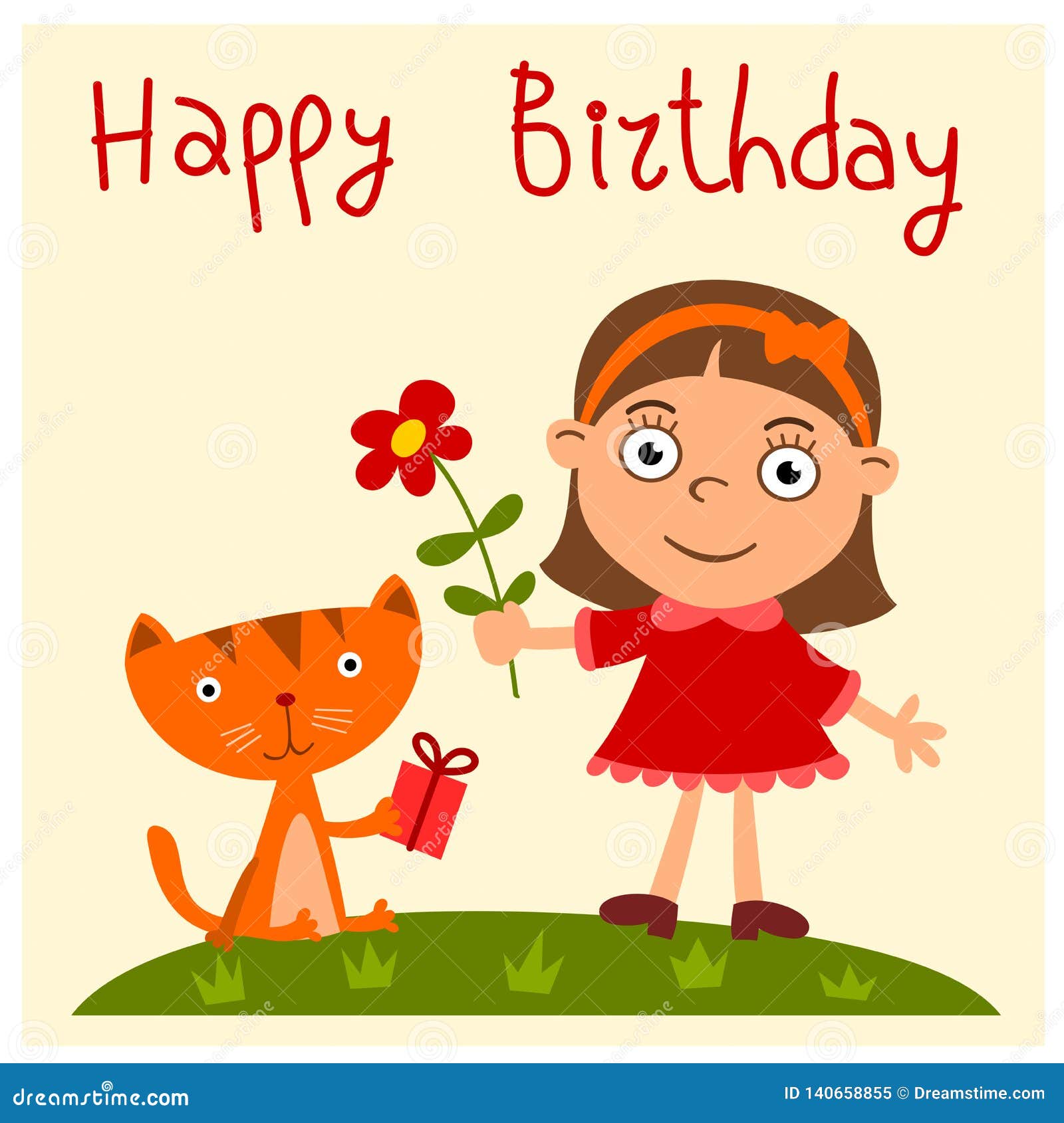 Happy Birthday - Greeting Card with Funny Girl and Kitten Stock  Illustration - Illustration of young, style: 140658855