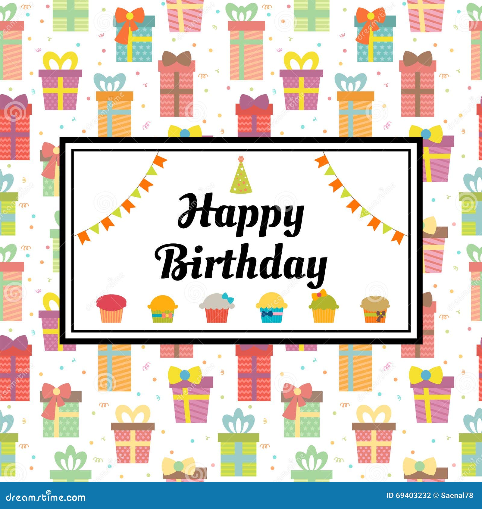 Happy Birthday greeting card with gift boxes and cupcakes. Cute birthday background. Vector illustration