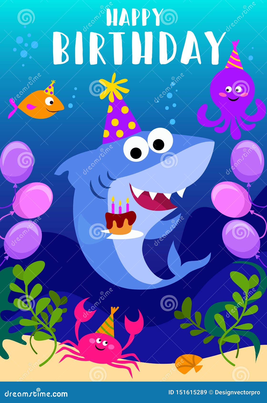 Happy Birthday Greeting Card with Shark, Octopus, Fish and Cartoon Sea  Elements. Baby Shark Birthday Greeting Card Template Stock Vector -  Illustration of background, greeting: 151615289