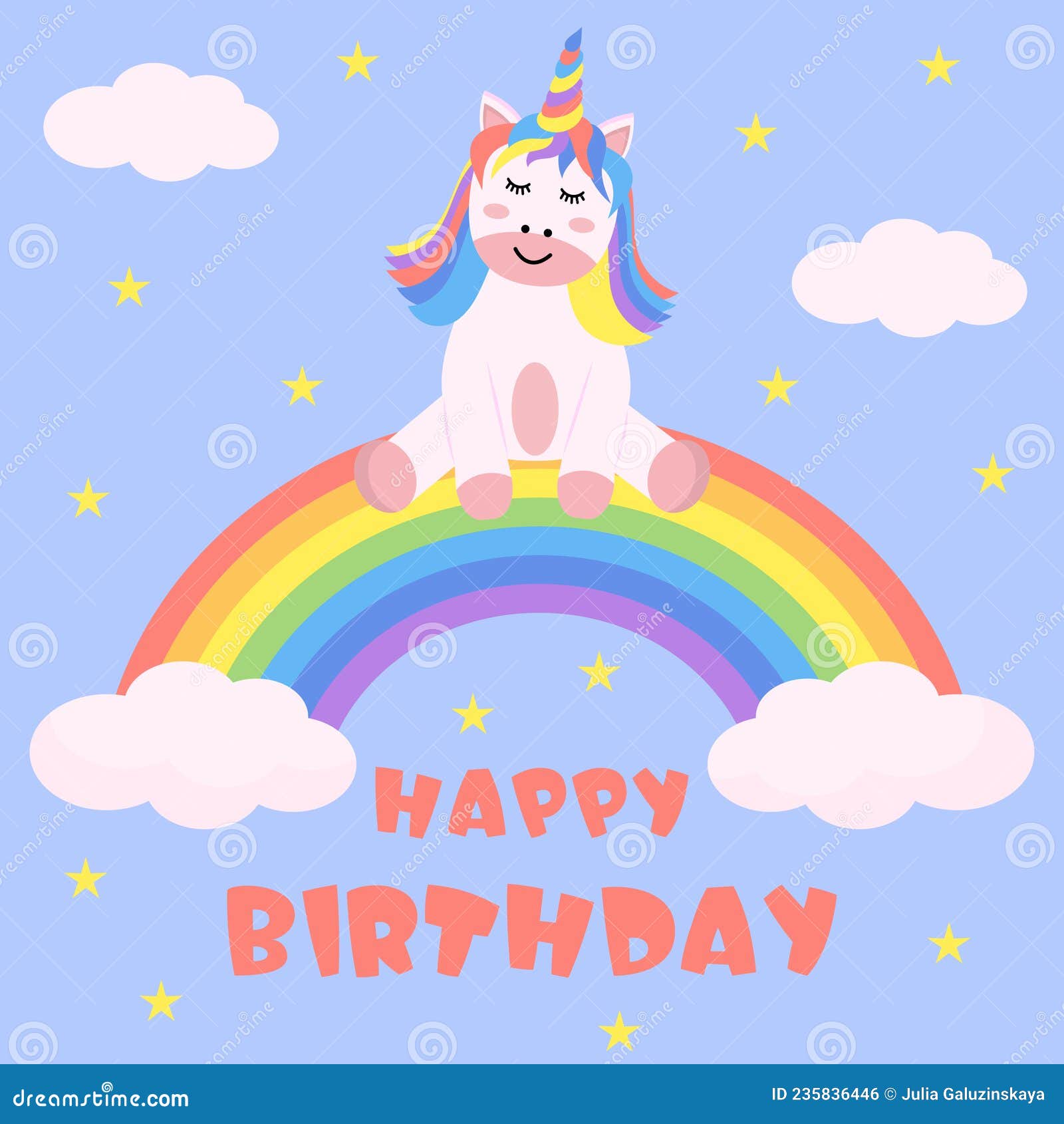 Happy Birthday Greeting Card with Unicorn Baby Sitting on the Rainbow ...