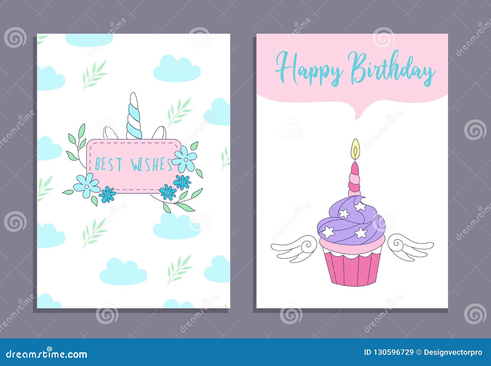 Happy Birthday Greeting Cards Set With Unicorn Cake And Cute