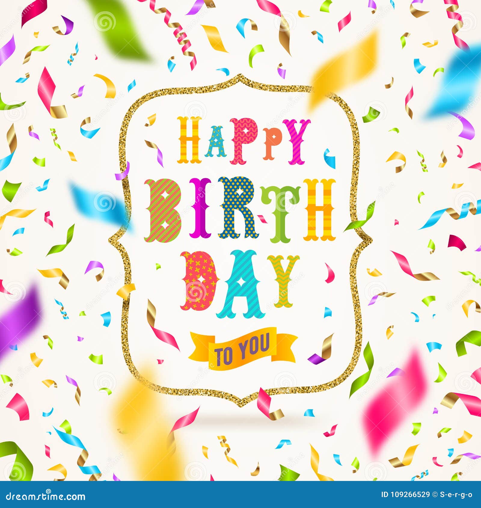 Happy Birthday Greeting with Glitter Gold Frame and Multicolored