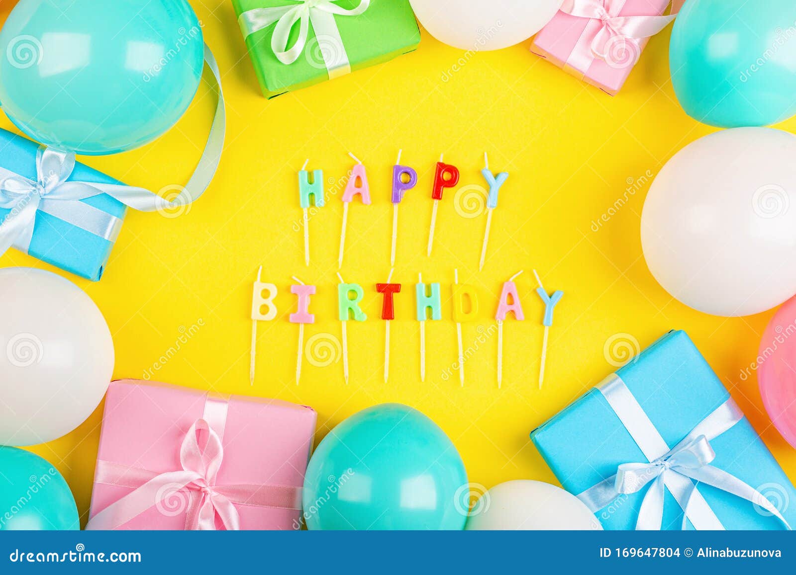 Download Happy Birthday Greeting Text Maked With Candles And Decorated With Confetti On Yellow Background Top View Flat Lay Style Mockup Stock Photo Image Of Festival Frame 169647804