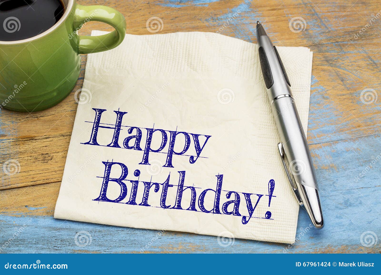 Happy Birthday Greetings on Napkin with Coffee Stock Photo - Image of ...