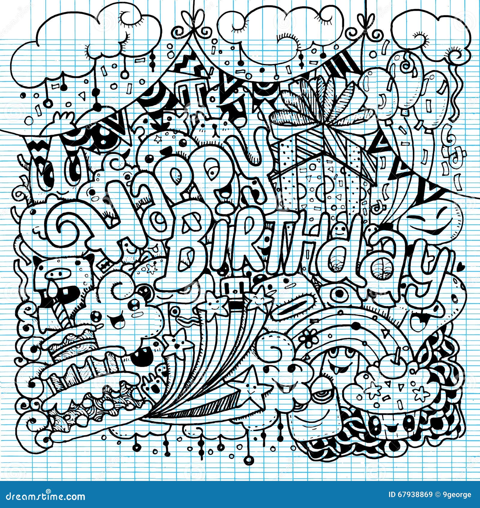 Happy Birthday Hand Drawn Sketch Set with Doodle Stock Vector