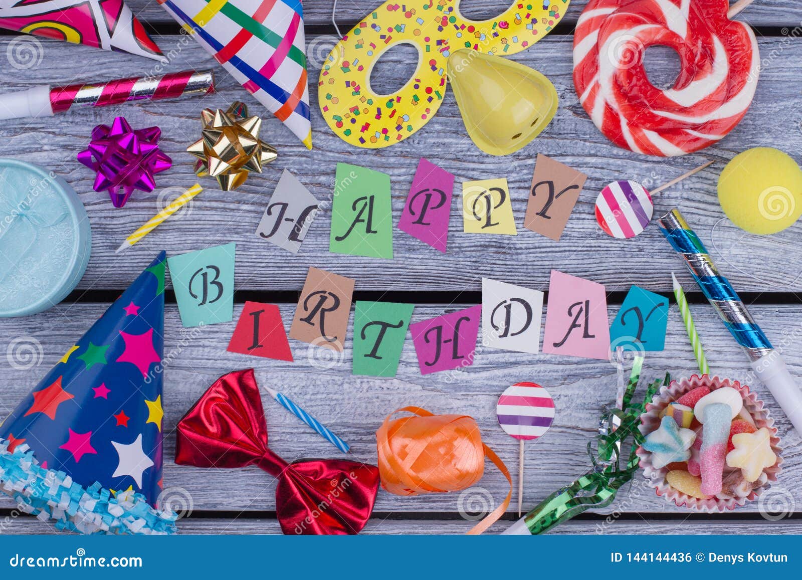 Happy Birthday Inscription and Party Accessories. Stock Photo - Image ...