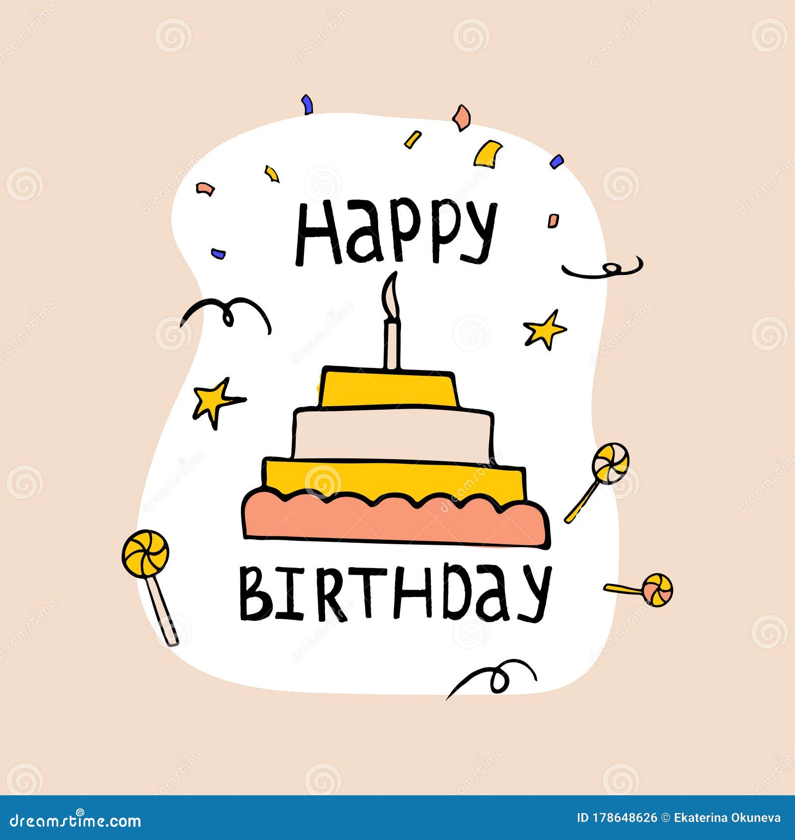 Happy Birthday Invitation Card Template. Hand Drawn Lettering and Cake with  a Birthday Candle Stock Illustration - Illustration of funny, candle:  178648626