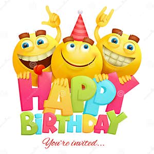 Happy Birthday Invitation Card Template With Three Emoji Characters 