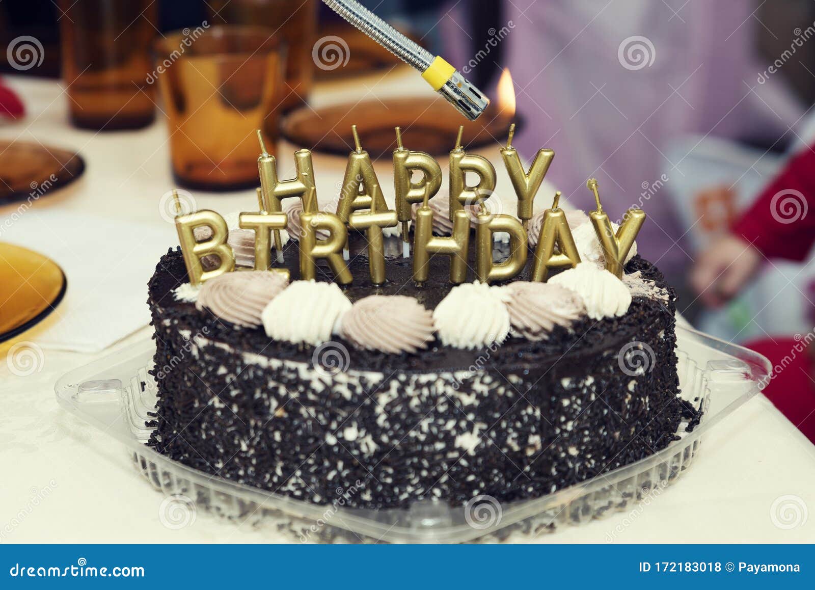 Happy Birthday Lit Candles on Chocolate Cake Stock Photo Image of