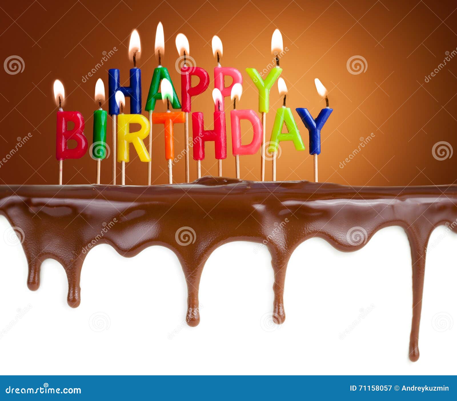 Happy Birthday Lit Candles on Chocolate Cake Stock Image Image of