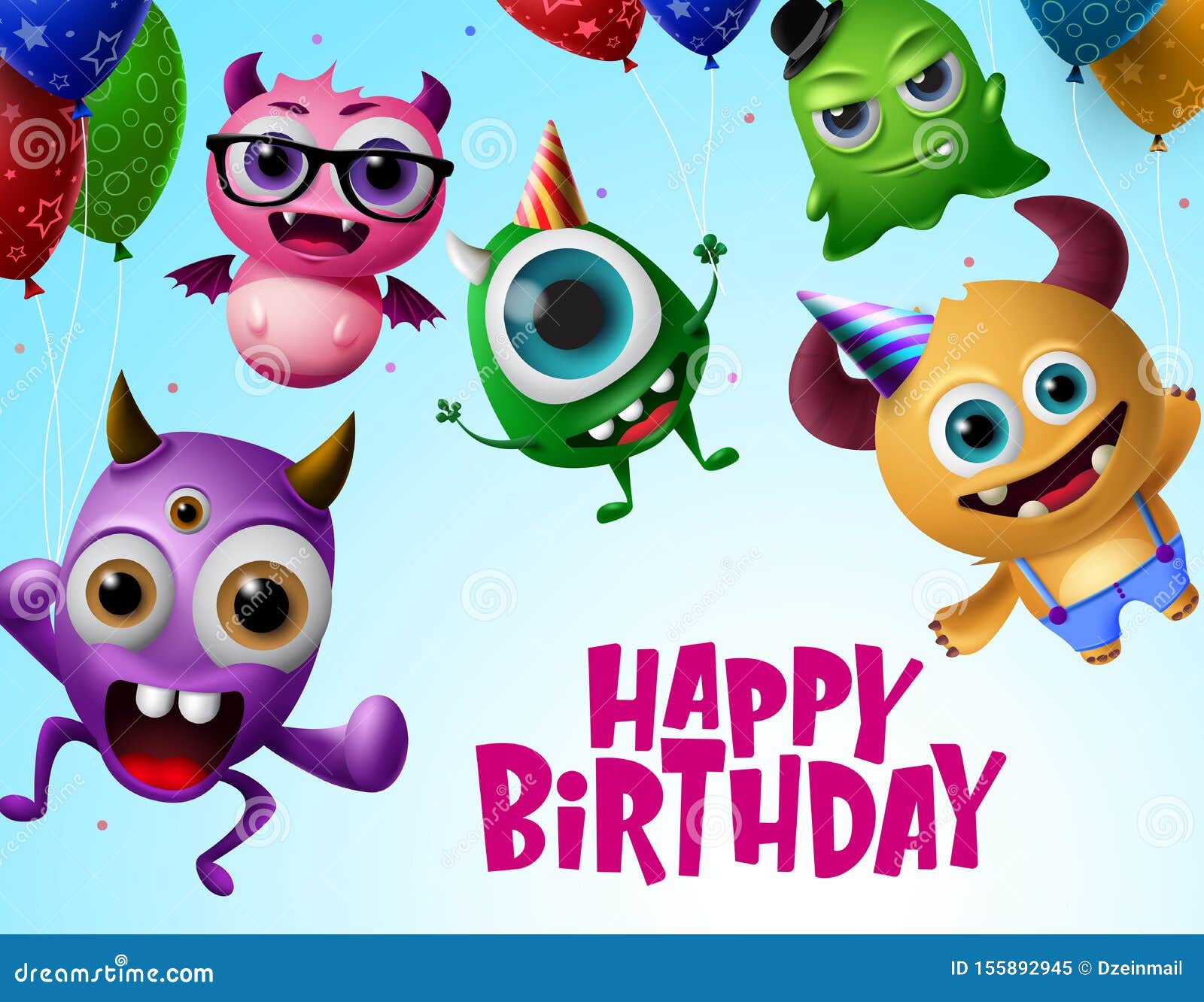 Happy Birthday with Monster Characters Vector Design. Happy Birthday ...