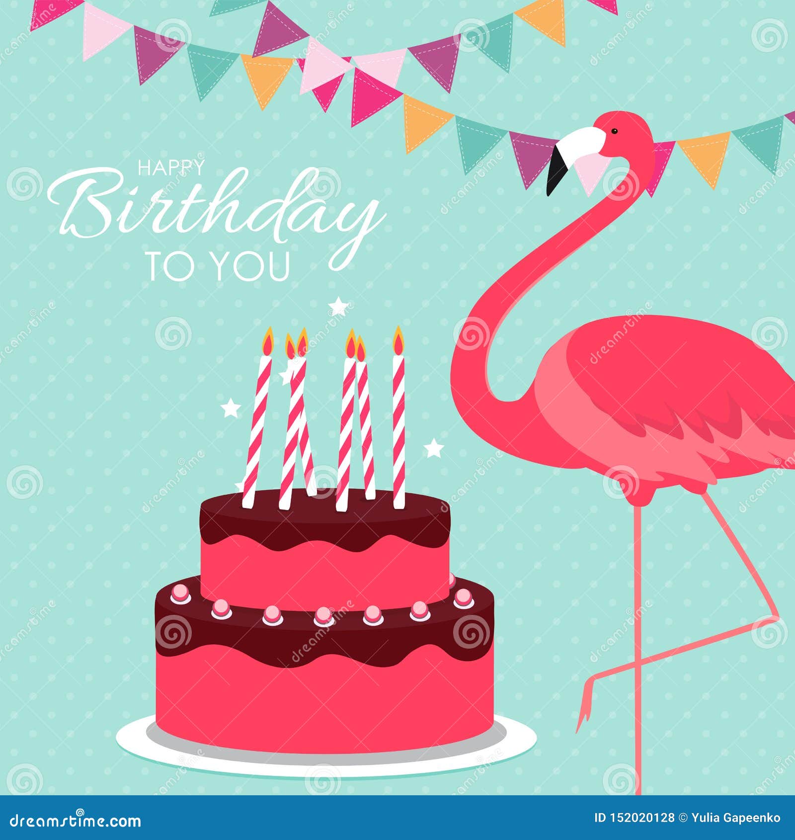 Happy Birthday Poster Background With Cake Colorful And Cartoon Pink Flamingo Illustration Stock Illustration Illustration Of Design Colorful