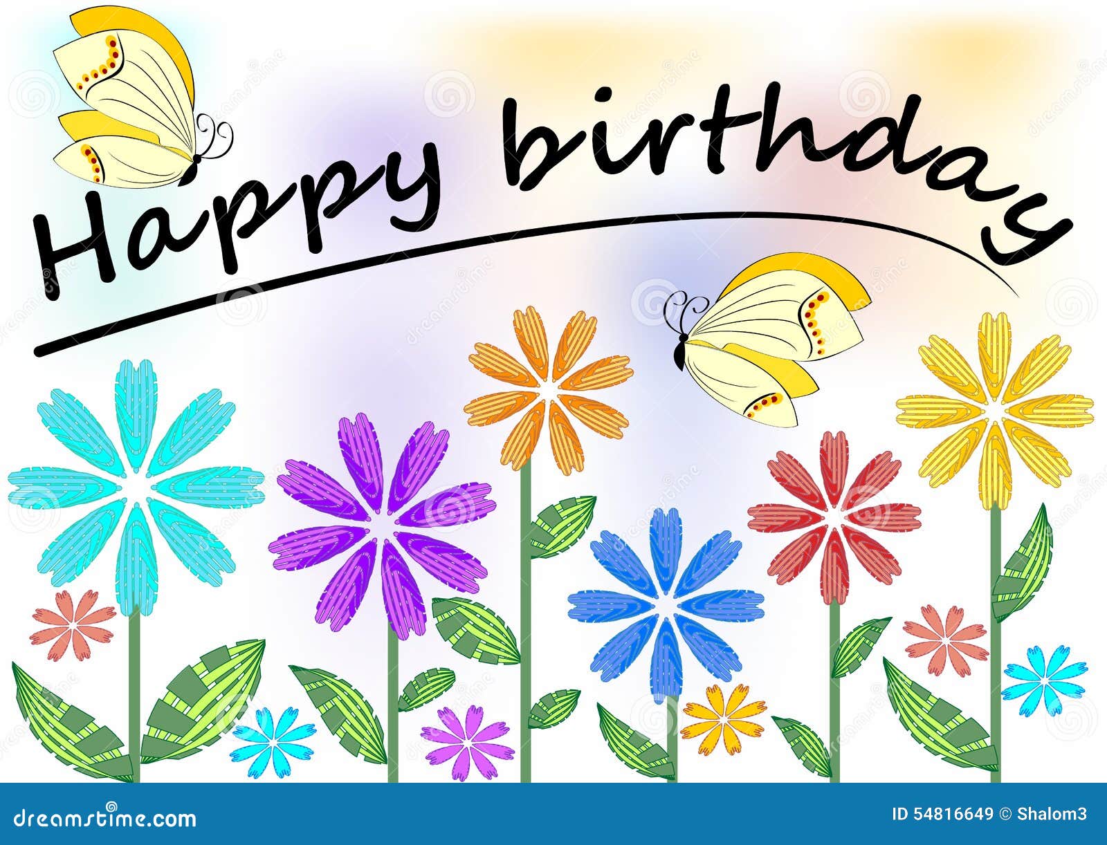 Happy Birthday Poster with Colorful Flowers and Butterflies Stock ...